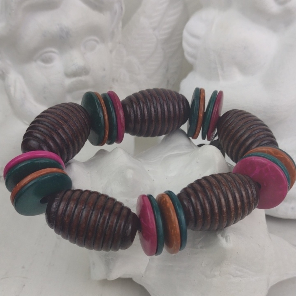 🌻3 For $15 Dark Wood Bead Stretch Bracelet Chunky Brown, & Pink, Teal & Orange